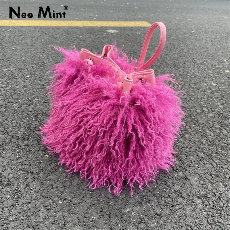 Luxury Colorful Tassels Furry Drawstring Bucket Bag Women Plush Handbag Harajuku Street Punk Y2k Hot Girls Faux Fur Shoulder Bag