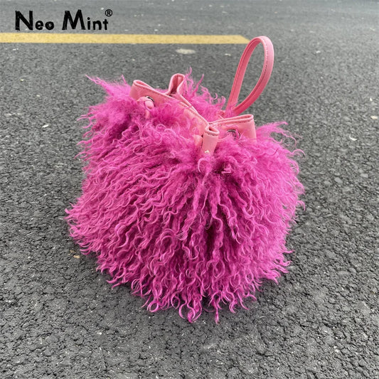 Luxury Colorful Tassels Furry Drawstring Bucket Bag Women Plush Handbag Harajuku Street Punk Y2k Hot Girls Faux Fur Shoulder Bag