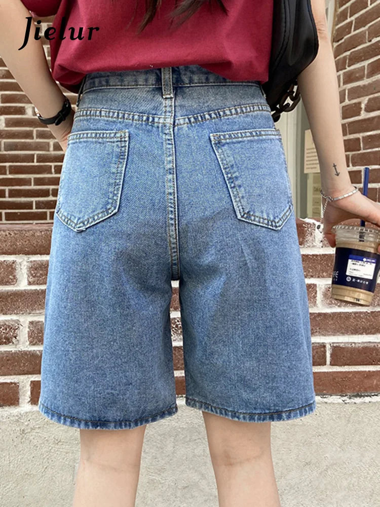 Jielur New Summer Women Vintage Wide Leg Straight Denim Shorts Streetwear Female Loose High Waist Retro Ladies Jeans Shorts