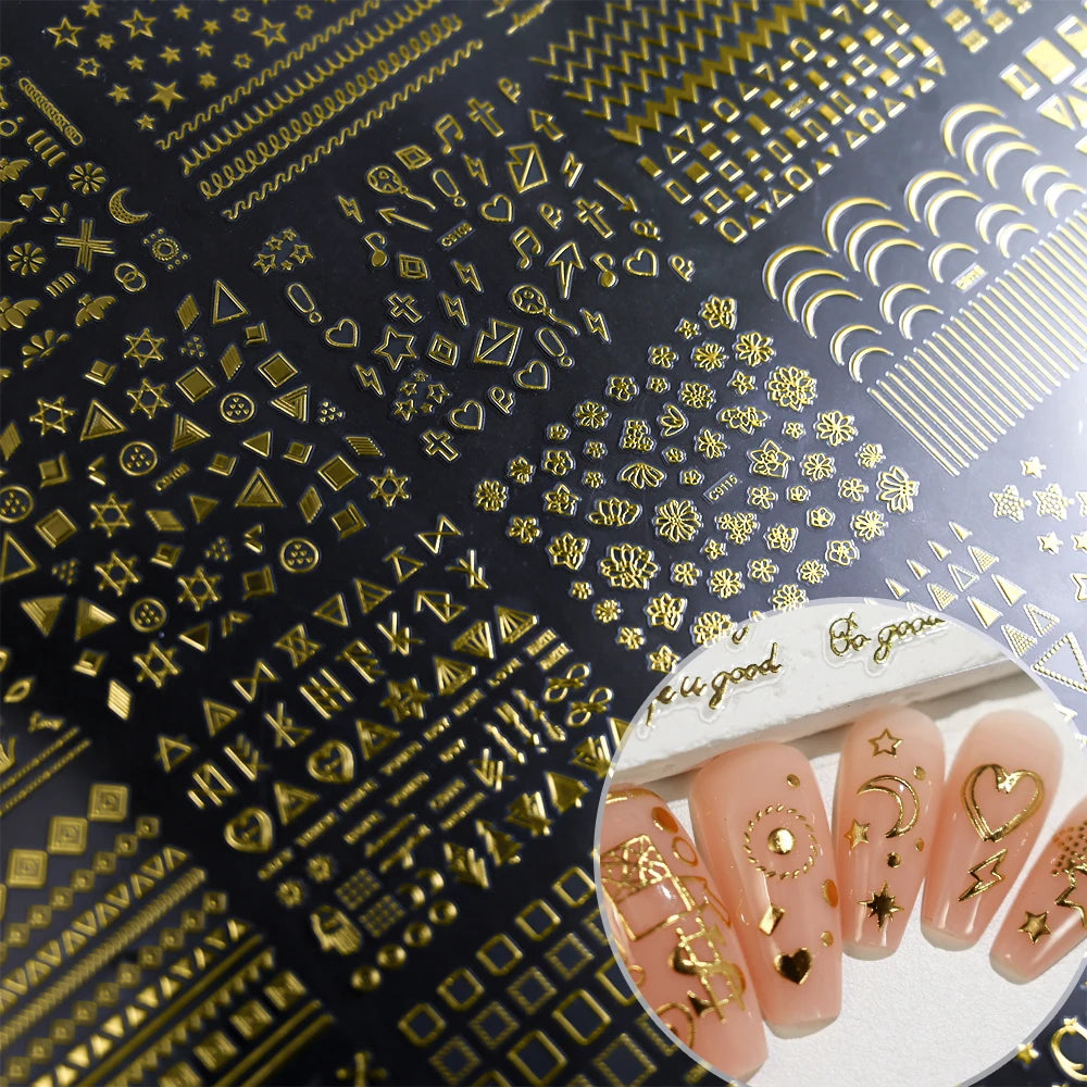 3D Gold Bronzing Moon Star Nail Stickers 20/30pcs Metallic Geometry Line Nail Decals Adhesive Metallic Laser Manicure Slider 6cm
