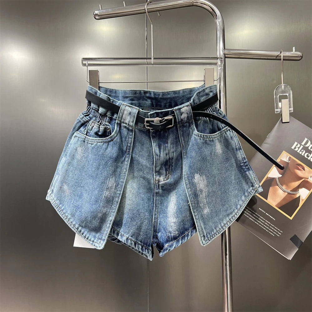 Women's Elastic Bud Denim Shorts High Waist Pocket Loose Wide Leg Jeans Pants Streetwear Casual Summer Fashion Short Pants
