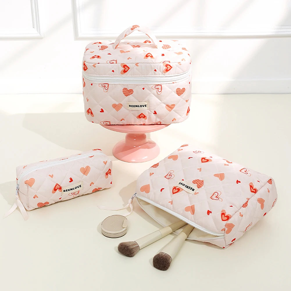 3pcs Aesthetic Cosmetic Organizer Set Quilted Cotton Sweet  Women Makeup Pouch Cherry/Heart Pattern Skincare Clutch Toiletry Bag