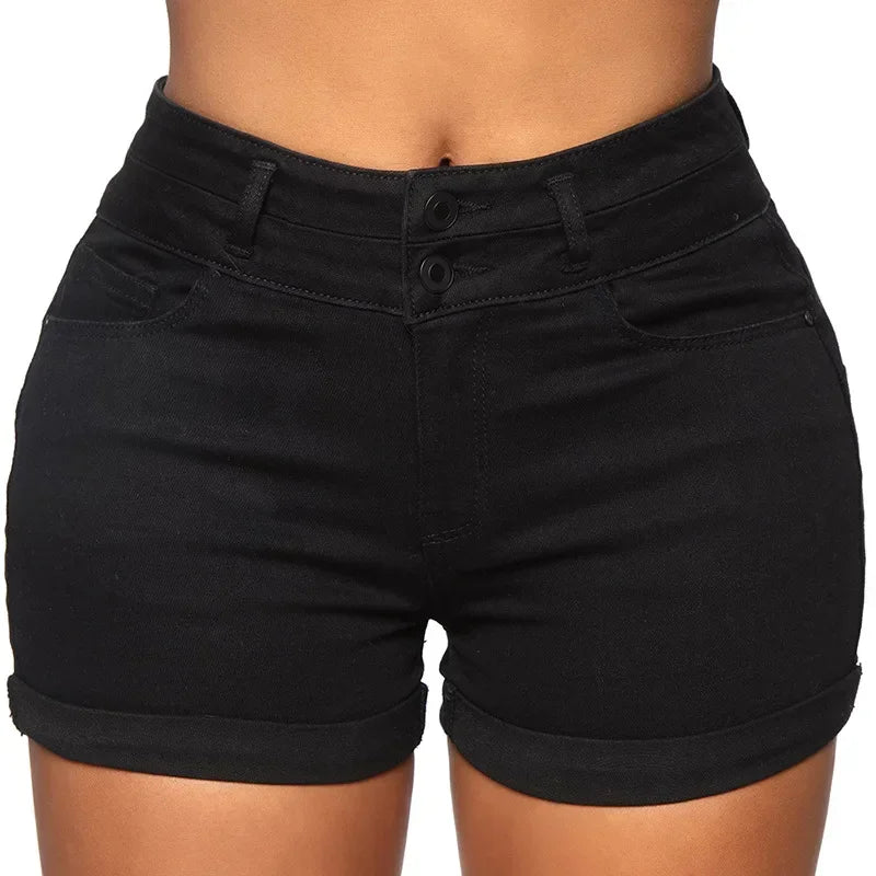 Cotton Stretchy High Waist Jean Shorts Woman Summer  Casual Sweat With Pocket Zipper White Black Cuffed Denim Shorts