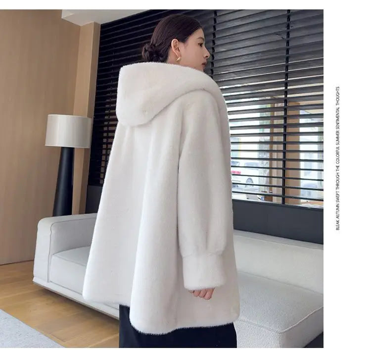 Faux Mink Fur Coat for Women,Covered Button Jackets,Hooded Overcoat,Female Clothes,Thicken Warm,Winter,New, 2025