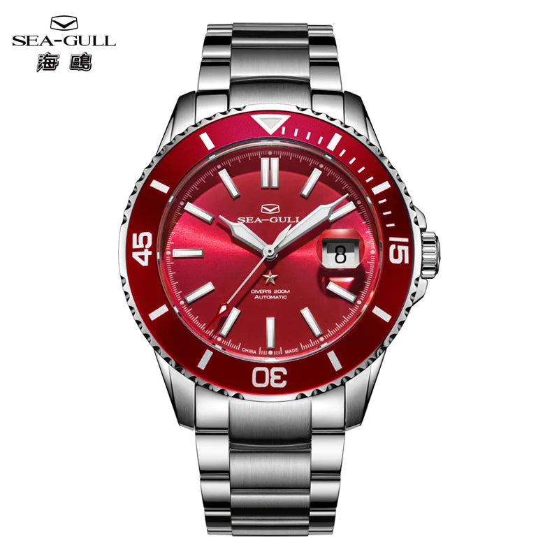 Seagull Men's Automatic Mechanical Watch Ocean Series 200m Waterproof Diving Wristwatch Luxury Red Watch Luminous Sapphire 1523