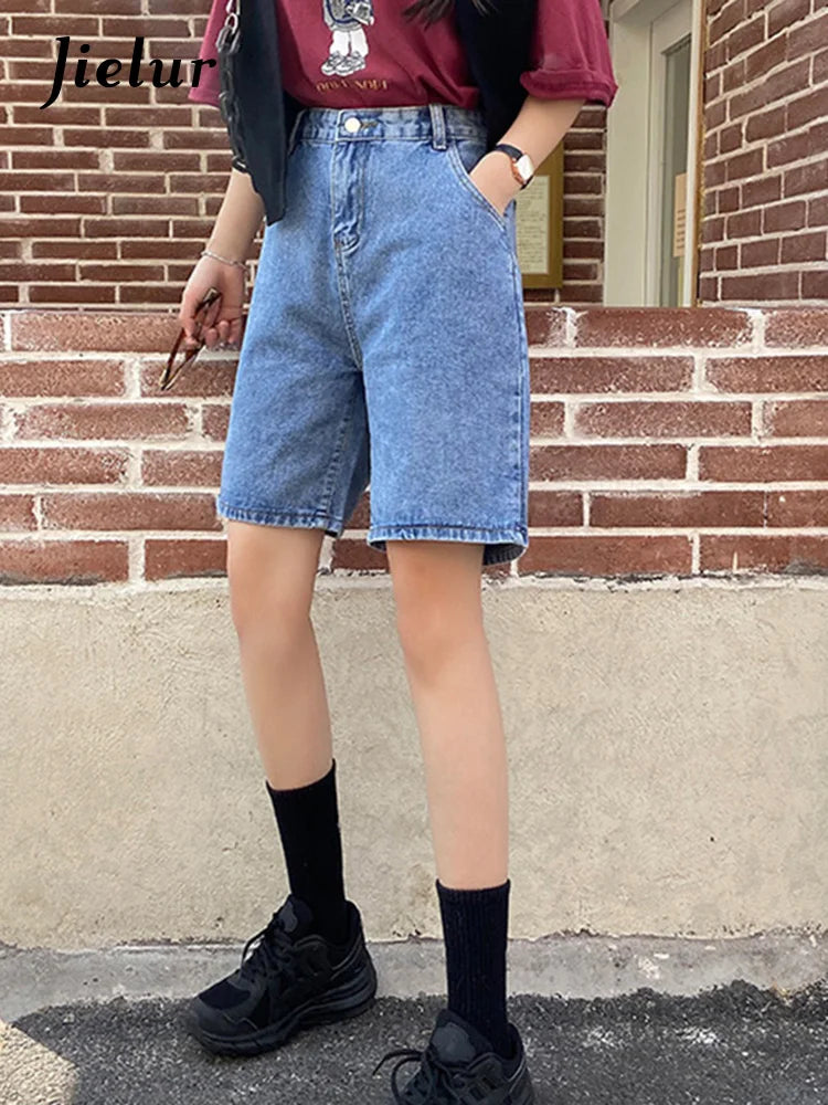 Jielur New Summer Women Vintage Wide Leg Straight Denim Shorts Streetwear Female Loose High Waist Retro Ladies Jeans Shorts