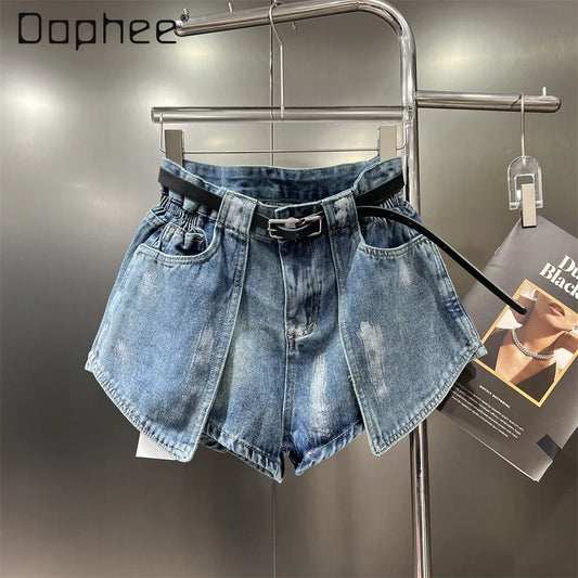 Women's Elastic Bud Denim Shorts High Waist Pocket Loose Wide Leg Jeans Pants Streetwear Casual Summer Fashion Short Pants