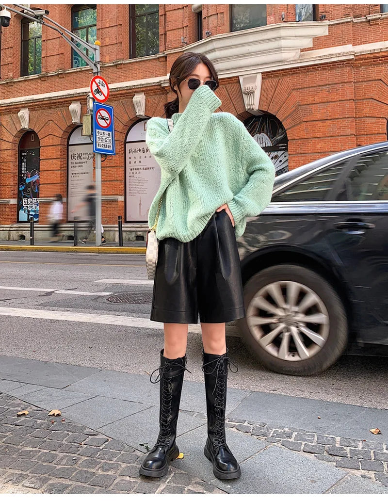 QOERLIN S-4XL Fashion PU Leather Shorts Women's Autumn Winter Bermuda Elastic Waist Loose Five Points Leather Trousers Shorts