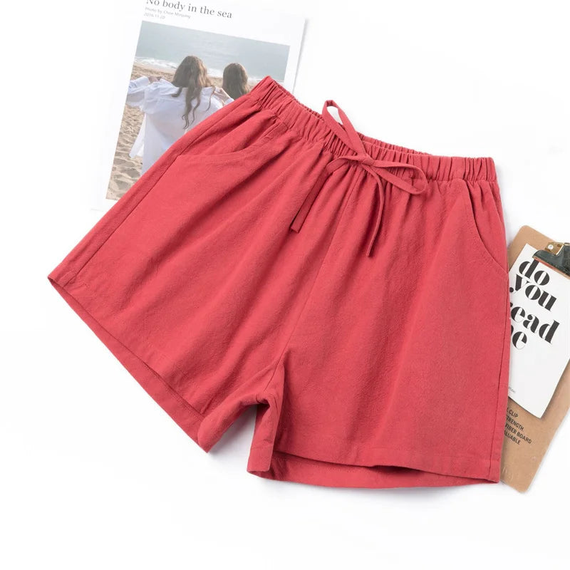 Women Solid Color Shorts High Waist Cotton And Linen Shorts Linen Slimming Loose Hot Pants Light Casual Elastic Waist Pants
