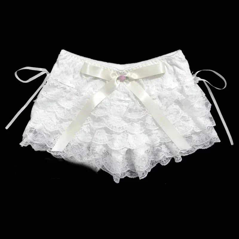 Multilayer Lace Shorts Women Lolita Ribbons Flower Ruffles Elastic Waist Cute Bottoming Shorts for Sweet Girls Kawaii Clothes