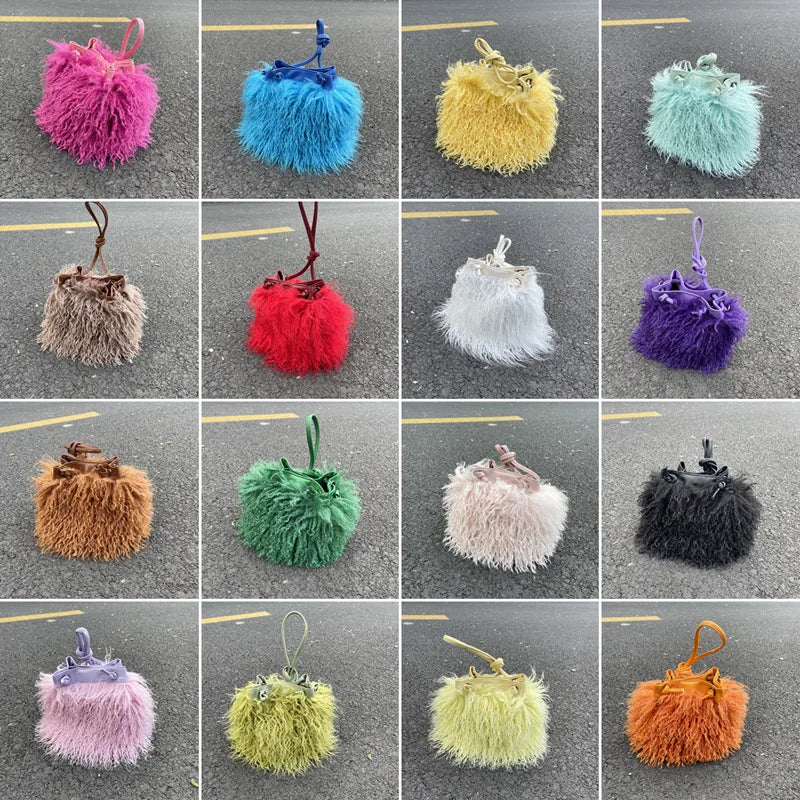 Luxury Colorful Tassels Furry Drawstring Bucket Bag Women Plush Handbag Harajuku Street Punk Y2k Hot Girls Faux Fur Shoulder Bag