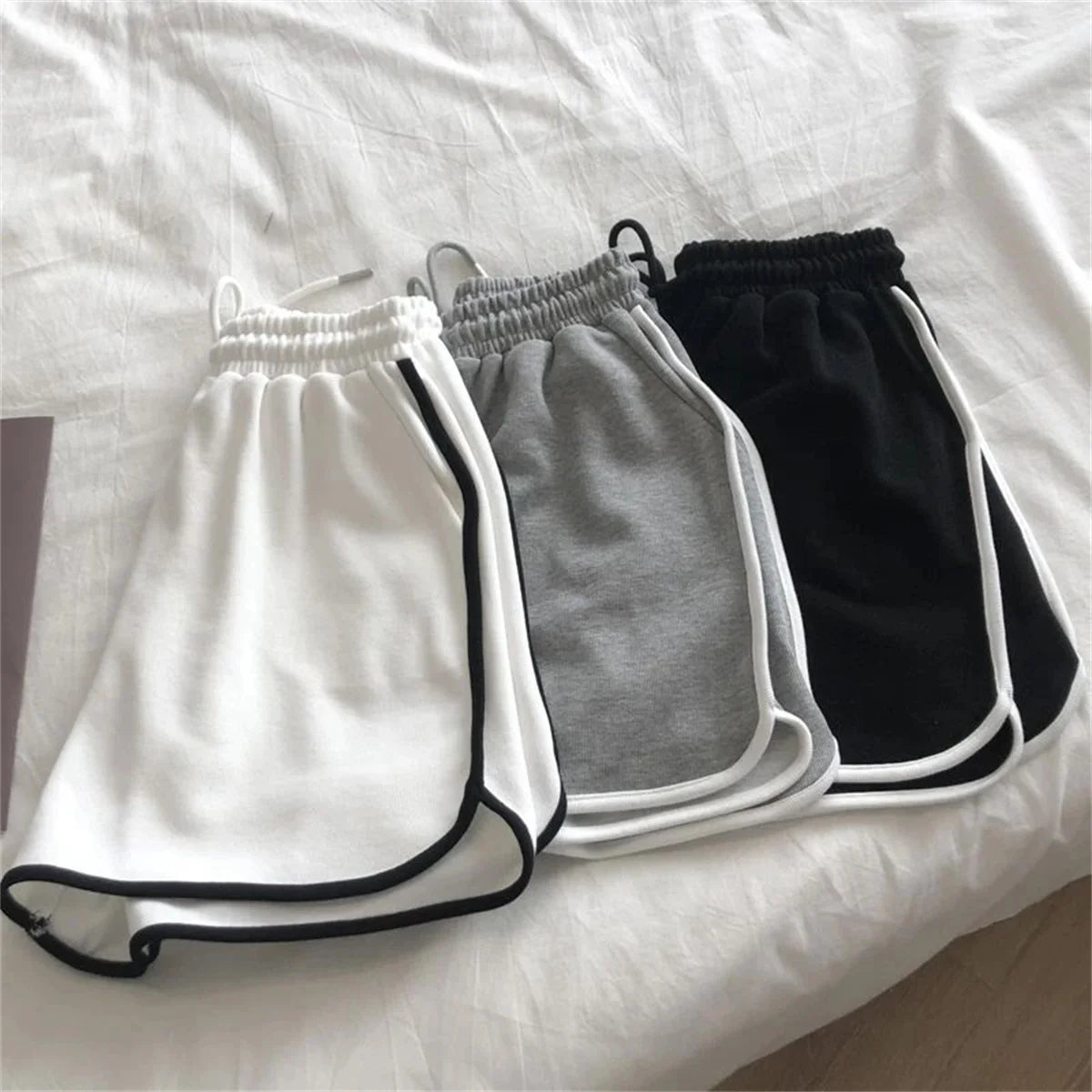 Korean Simple Casual Striped Shorts Women Summer Fashion Elastic High Waist Short Pant Yoga Sports Clothes Retro Street Shorts