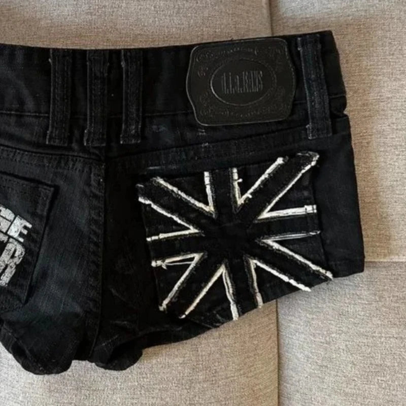 Hip hop fashion street clothing graphic printing style women black shorts ins y2k goth slim denim shorts