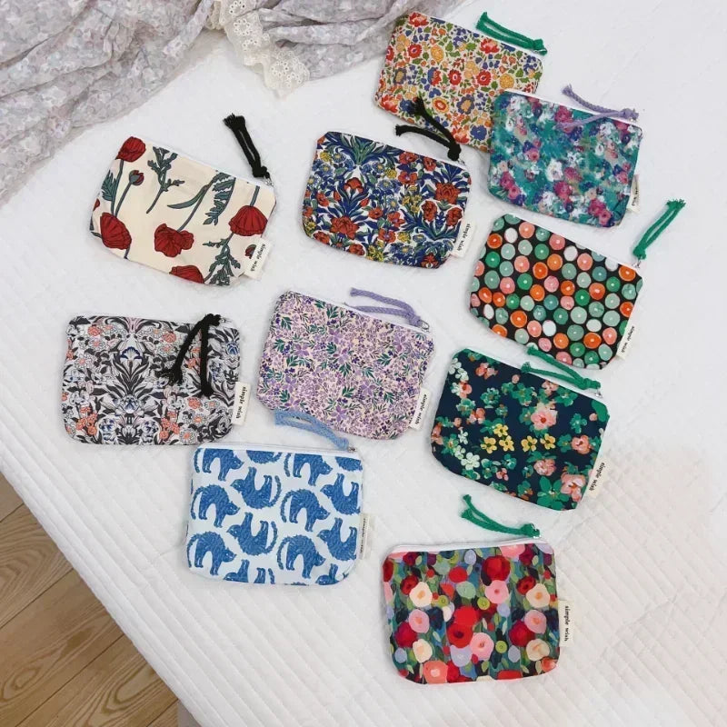 Fresh Floral Print Cotton Lipstick Purse Mini Storage Small Cloth Bag Headphone Bag Travel Cosmetic Pouch Make Up Storage Bag