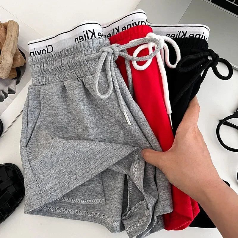 High Waist Drawstring Elastic Shorts Casual Sports Hot Pants Women's Summer New Letter Print Slimming Fake Two-Piece Pants