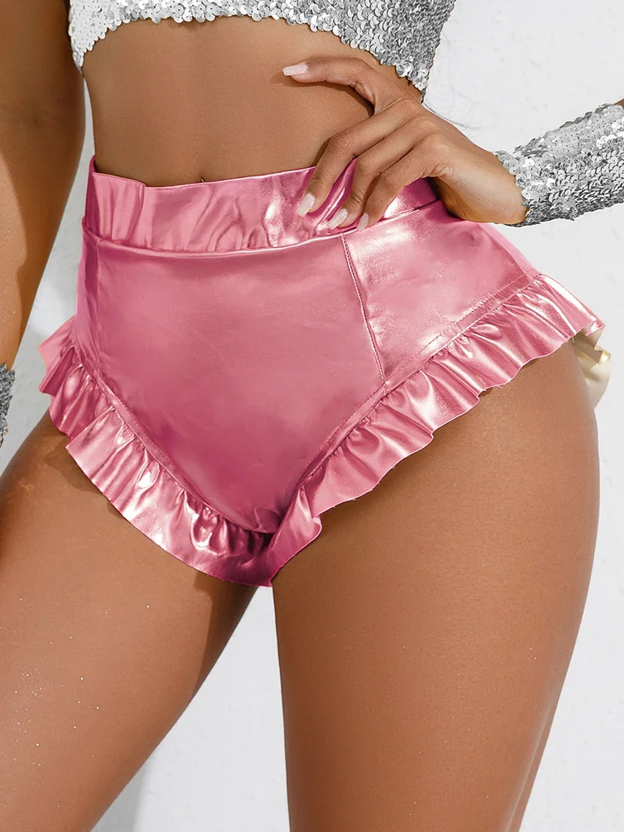 Women PU Leather Shorts Sexy Ruffle Metallic Booty Shorts High Waist Hot Pants Shiny Slim Fit Club Dance Shorts Festival Bottoms