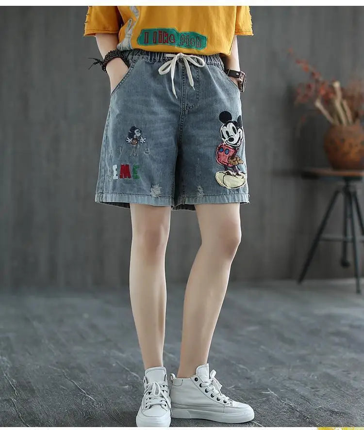 Fashion Korean High Waist Embroidery Denim Shorts for Female Summer Casual Pockets Spliced Loose Wide Leg Pants Women's Clothing