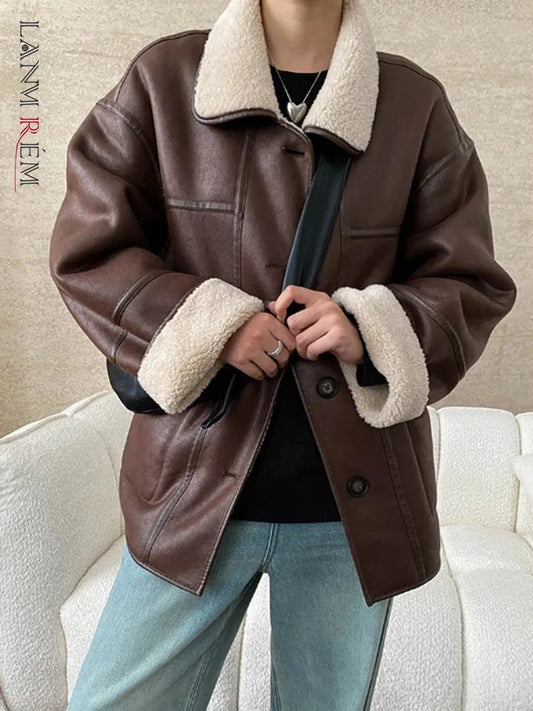 [LANMREM] Faux Fur Thick Warm Coats Lapel Single Breasted Office Lady Elegant Female Outwear Fashion 2025 Winter New 26C1095