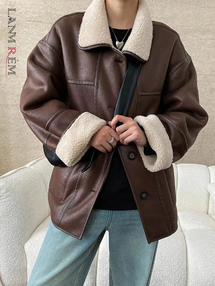 [LANMREM] Faux Fur Thick Warm Coats Lapel Single Breasted Office Lady Elegant Female Outwear Fashion 2025 Winter New 26C1095