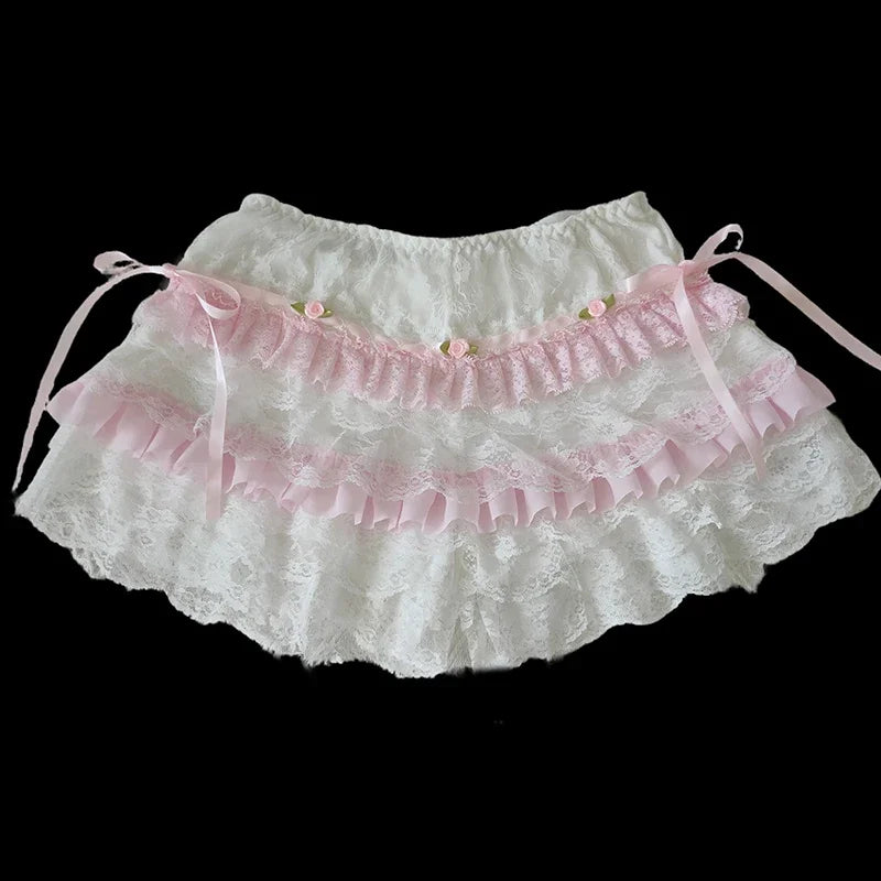 Multilayer Lace Shorts Women Lolita Ribbons Flower Ruffles Elastic Waist Cute Bottoming Shorts for Sweet Girls Kawaii Clothes