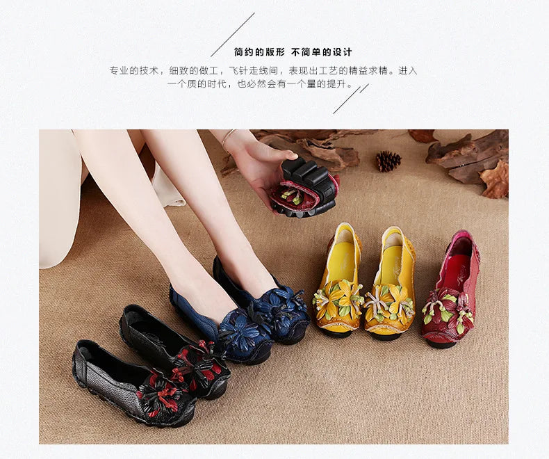 Genuine Leather Ballet Flats Women's Slip On Loafers Vintage Handmade Flower Soft Muffin Platform Casual Walk Dress Shoes Woman