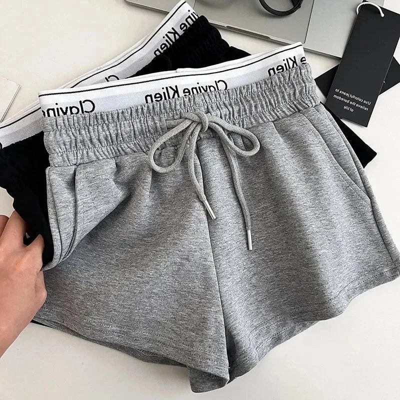 High Waist Drawstring Elastic Shorts Casual Sports Hot Pants Women's Summer New Letter Print Slimming Fake Two-Piece Pants
