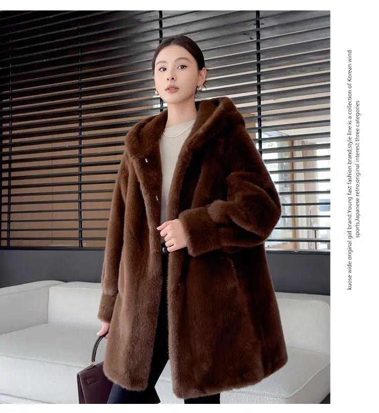 Faux Mink Fur Coat for Women,Covered Button Jackets,Hooded Overcoat,Female Clothes,Thicken Warm,Winter,New, 2025