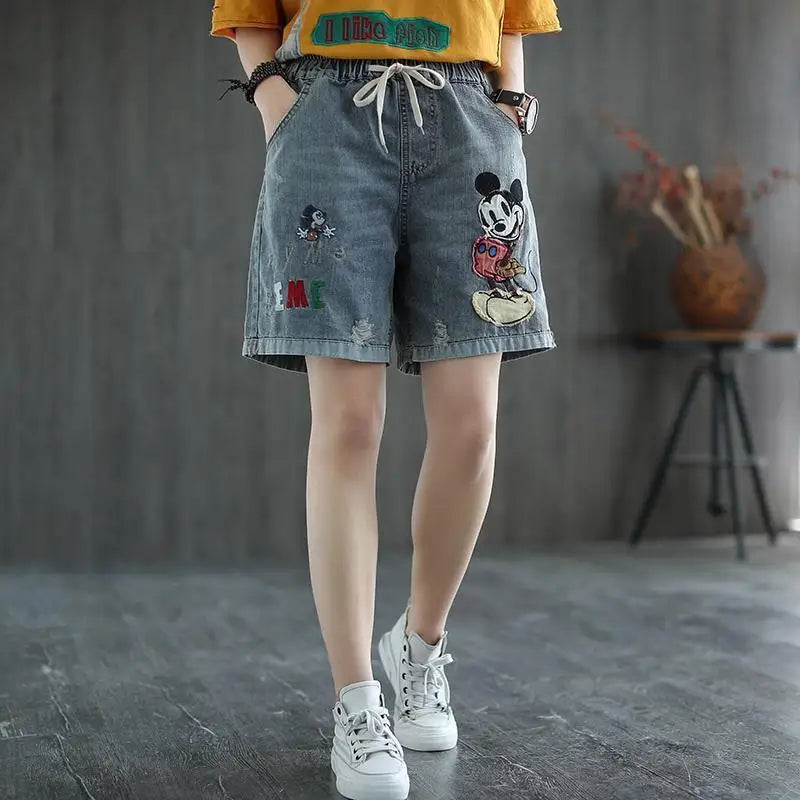 Fashion Korean High Waist Embroidery Denim Shorts for Female Summer Casual Pockets Spliced Loose Wide Leg Pants Women's Clothing