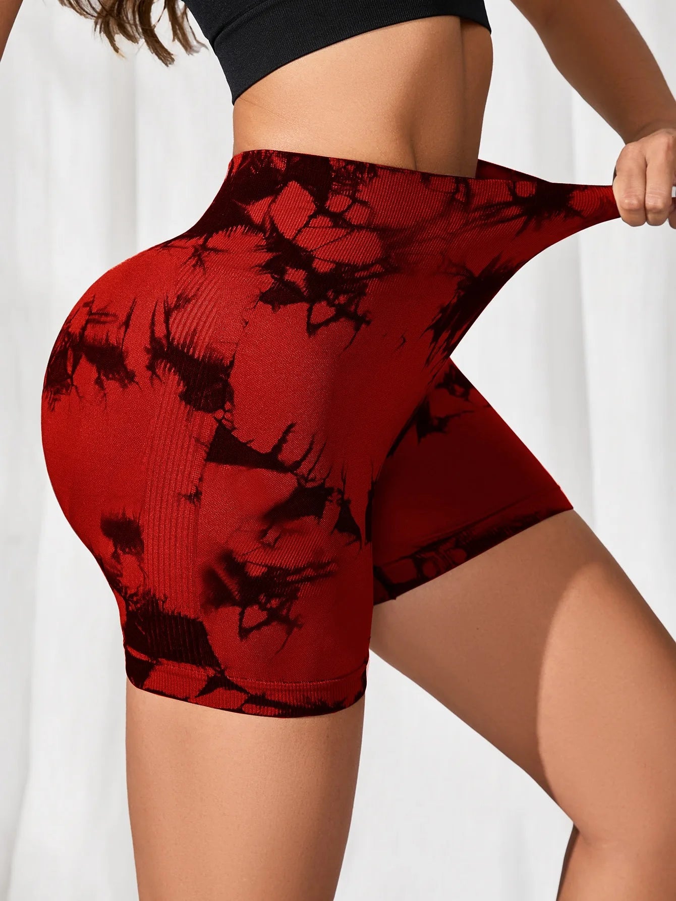 3pcs women's sports waist tightening and hip lifting fitness tie dye shorts