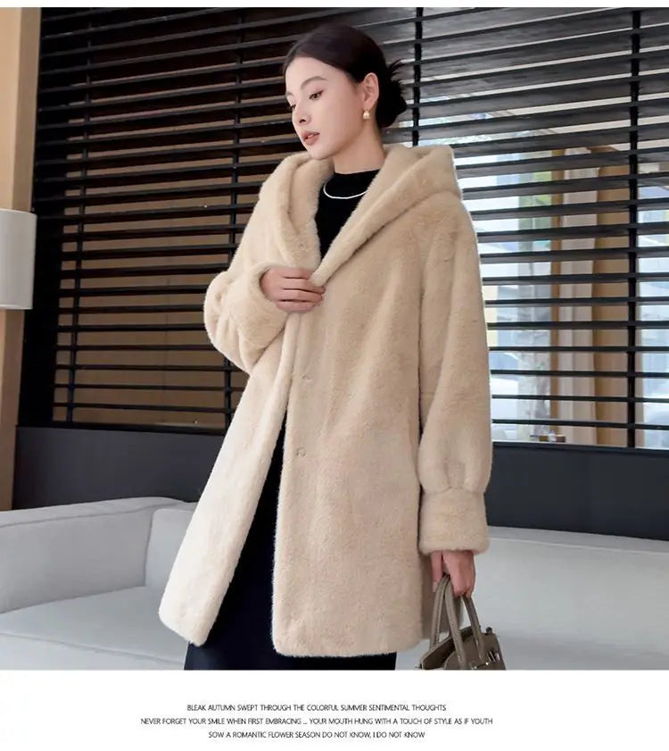 Faux Mink Fur Coat for Women,Covered Button Jackets,Hooded Overcoat,Female Clothes,Thicken Warm,Winter,New, 2025