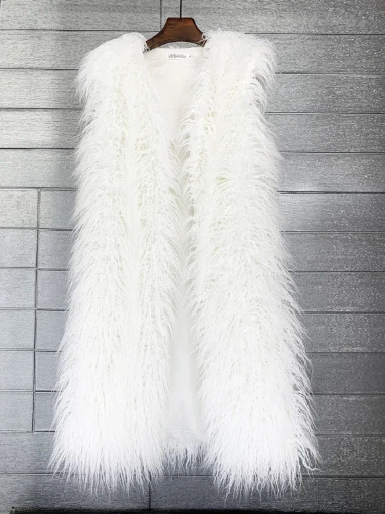 Winer Women Warm Faux Fur Plush Coats Mongolia Sheep Fur Women Long Vest Female Jacket Autumn Furry Sleeveless Outerwear 2024