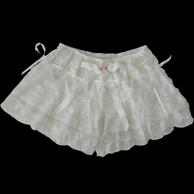 Multilayer Lace Shorts Women Lolita Ribbons Flower Ruffles Elastic Waist Cute Bottoming Shorts for Sweet Girls Kawaii Clothes