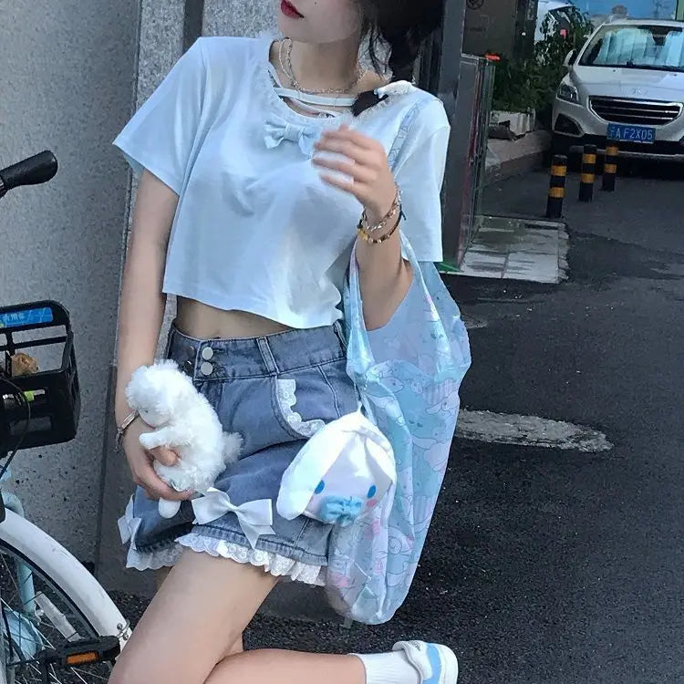 Japanese Preppy Style Bow Lace Patchwork Y2k Shorts Women Summer Straight Hotsweet High Waist Denim Short Pants Ruched