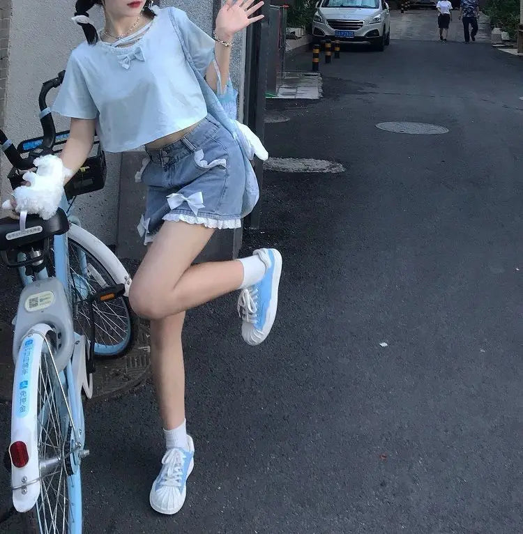 Japanese Preppy Style Bow Lace Patchwork Y2k Shorts Women Summer Straight Hotsweet High Waist Denim Short Pants Ruched