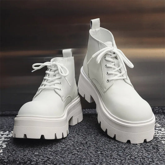 Korean style men fashion platform boots black white genuine leather shoes cowboy chunky boot spring autumn cool ankle botas mans