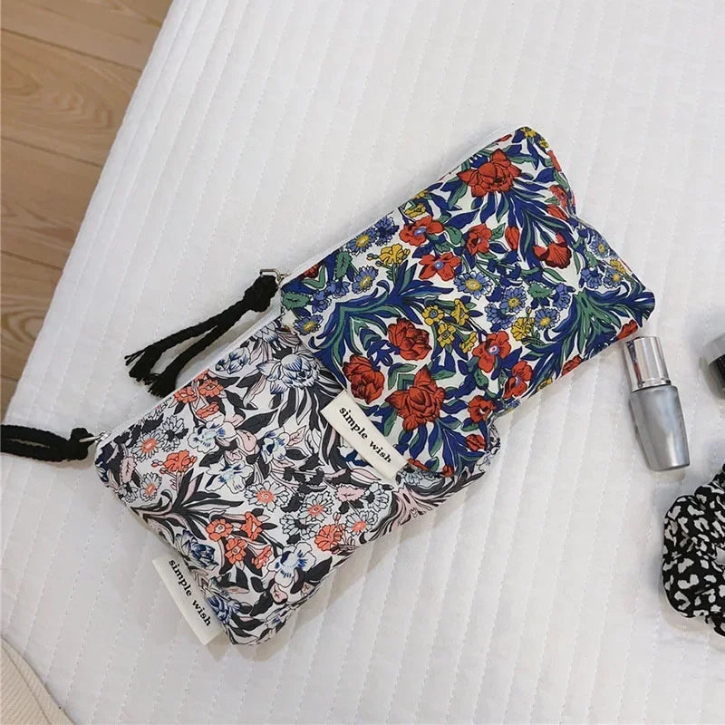 Fresh Floral Print Cotton Lipstick Purse Mini Storage Small Cloth Bag Headphone Bag Travel Cosmetic Pouch Make Up Storage Bag