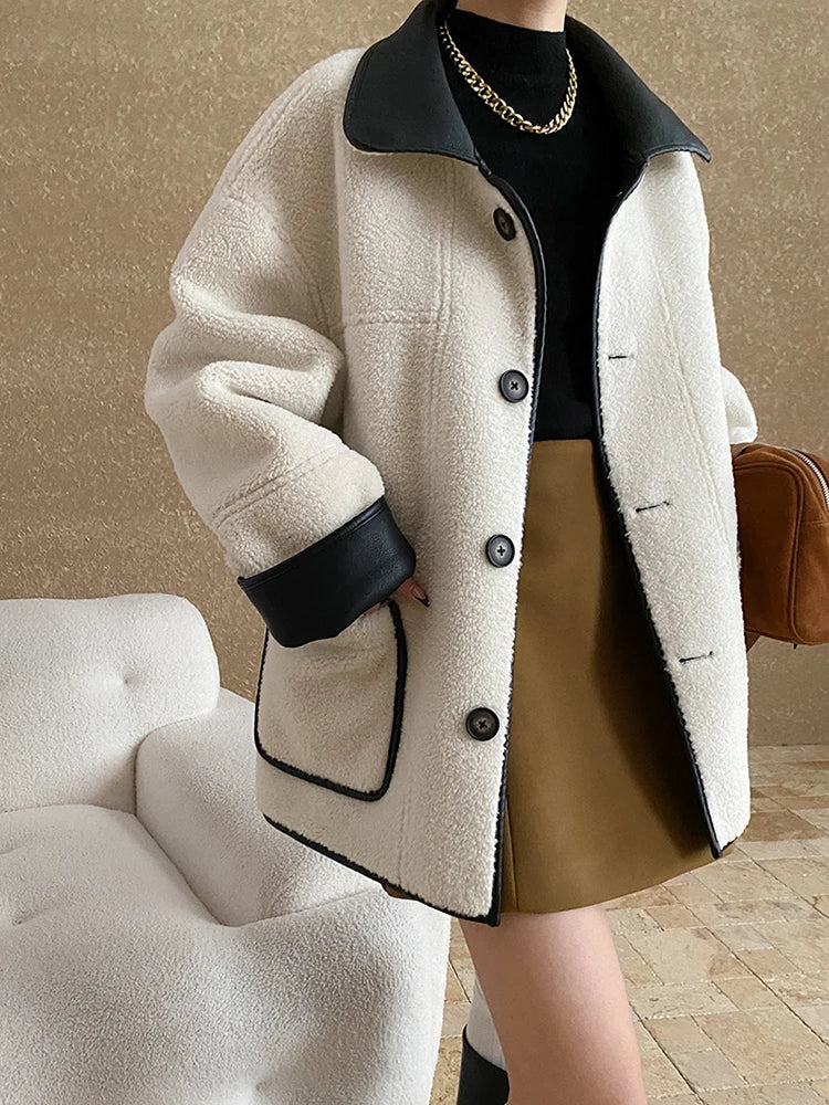 [LANMREM] Faux Fur Thick Warm Coats Lapel Single Breasted Office Lady Elegant Female Outwear Fashion 2025 Winter New 26C1095