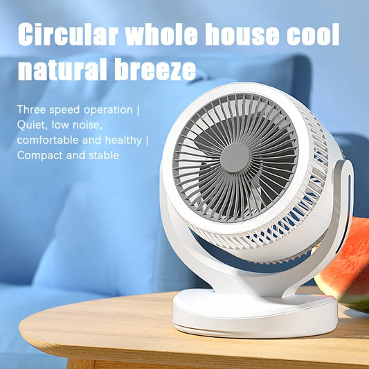 360-Degree Rotatable White Desk Fan with Night Light Charging Air Cycle Desktop Fan Adjustable Airflow for Indoor & Outdoor Use