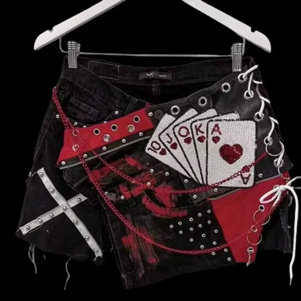 Women Sweetheart Retro Denim Short Y2K Short Skirt Hiphop Digital Patchwork Patchwork Baggy Short High Waist Slim Fit Mini Skirt