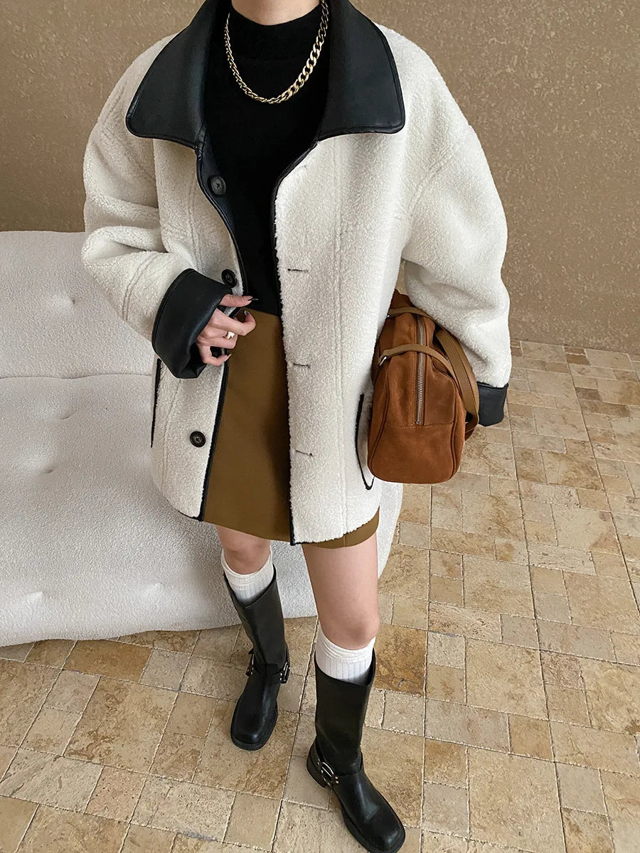 [LANMREM] Faux Fur Thick Warm Coats Lapel Single Breasted Office Lady Elegant Female Outwear Fashion 2025 Winter New 26C1095