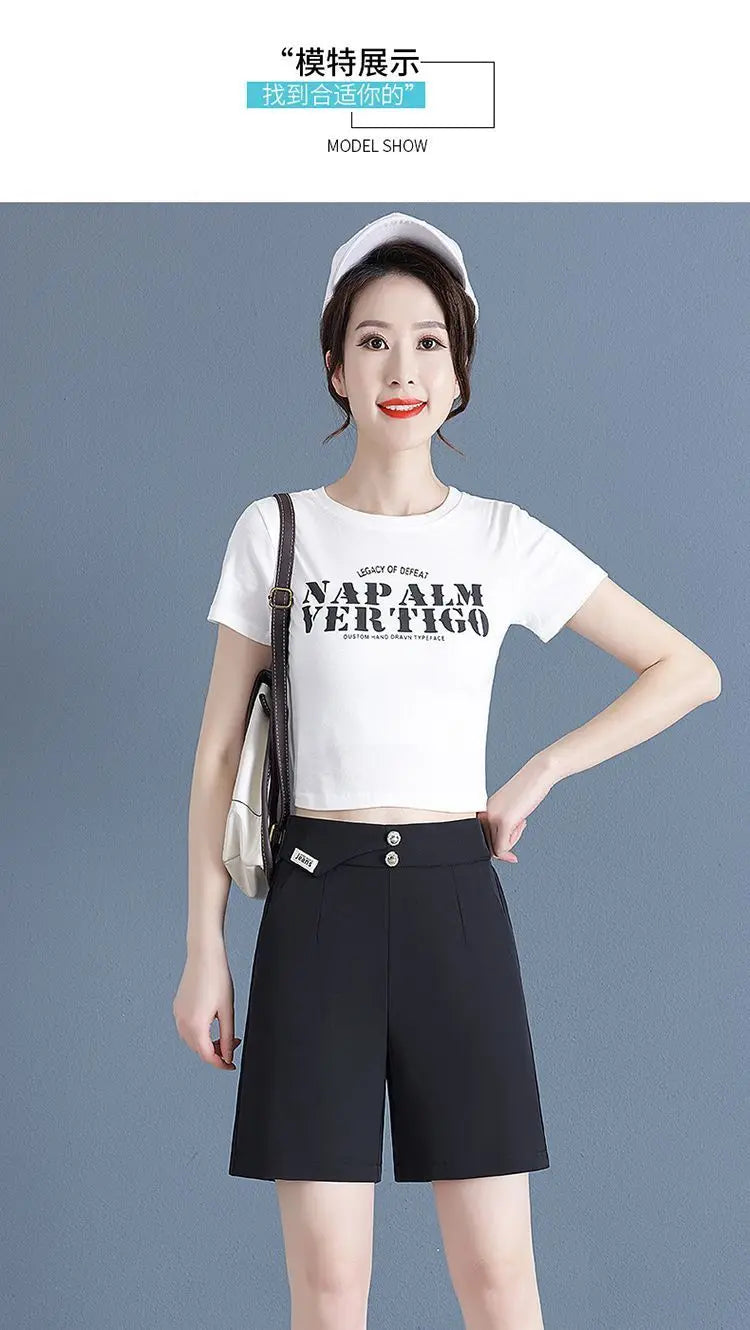 Women Korean Fashion Elegant High Waist Slim Straight Short Pants 2024 Summer Office Lady Chic Commute Casual Black White Shorts