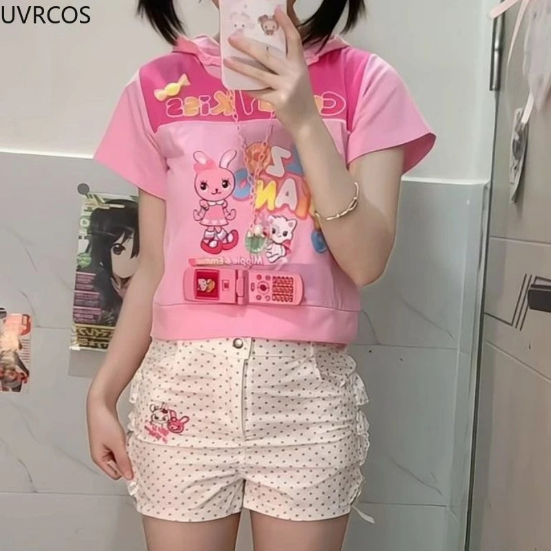 Japanese Sweet Cartoon Embroidery Lolita Shorts Women Kawai Polka Dot Print Hollow Out Bow Short Pants Y2k Aesthetic Cute Shorts