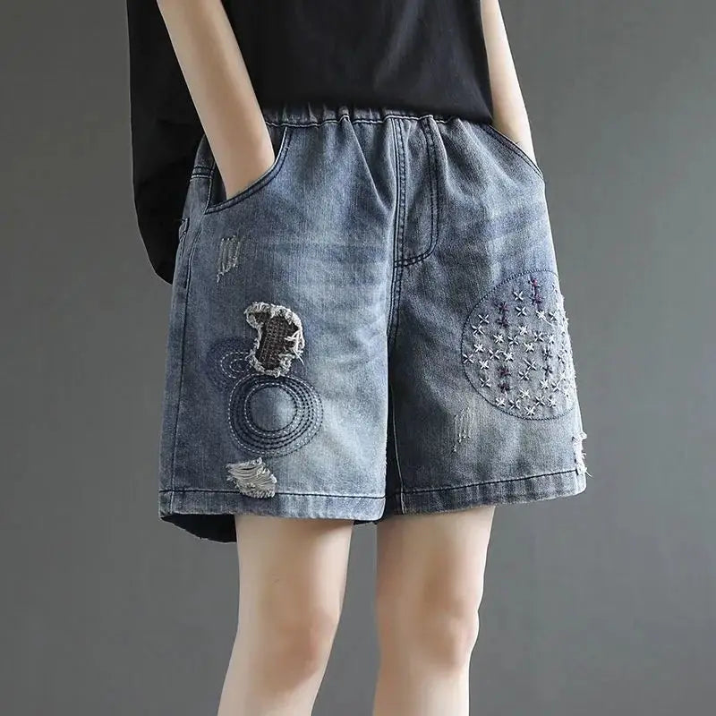 Fashion Korean High Waist Embroidery Denim Shorts for Female Summer Casual Pockets Spliced Loose Wide Leg Pants Women's Clothing