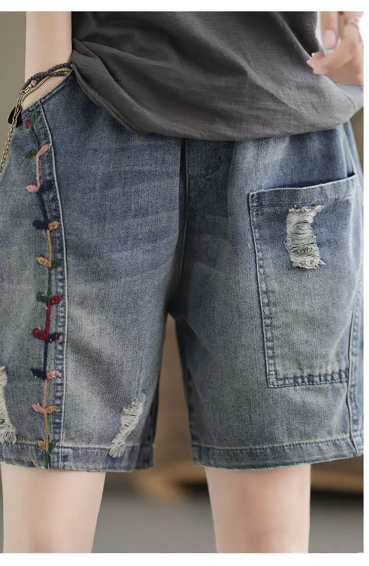 Fashion Korean High Waist Embroidery Denim Shorts for Female Summer Casual Pockets Spliced Loose Wide Leg Pants Women's Clothing
