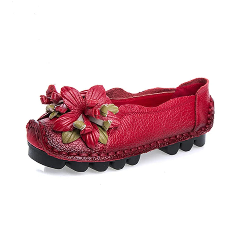 Genuine Leather Ballet Flats Women's Slip On Loafers Vintage Handmade Flower Soft Muffin Platform Casual Walk Dress Shoes Woman