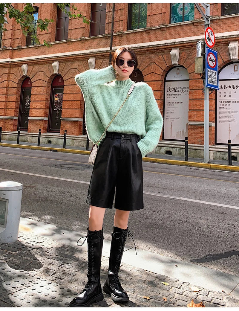 QOERLIN S-4XL Fashion PU Leather Shorts Women's Autumn Winter Bermuda Elastic Waist Loose Five Points Leather Trousers Shorts