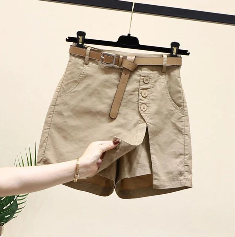 2025 Chic Shorts Women Korean Solid Buttons Side Slit A-line Streetwear Fashion Skirts Chic Harajuku Summer Loose Pants