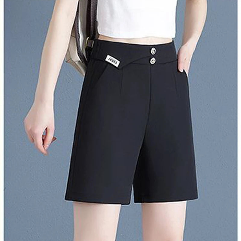 Women Korean Fashion Elegant High Waist Slim Straight Short Pants 2024 Summer Office Lady Chic Commute Casual Black White Shorts