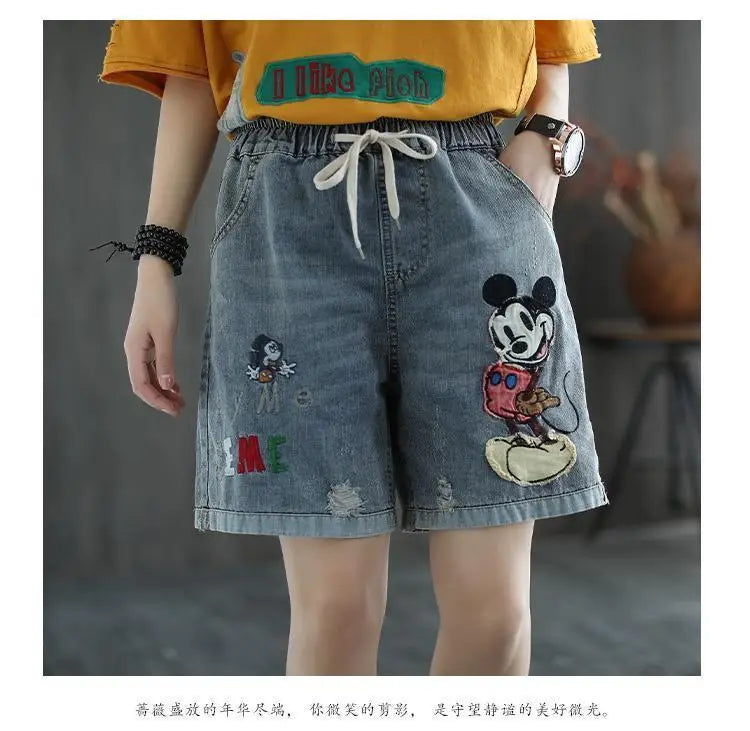 Fashion Korean High Waist Embroidery Denim Shorts for Female Summer Casual Pockets Spliced Loose Wide Leg Pants Women's Clothing