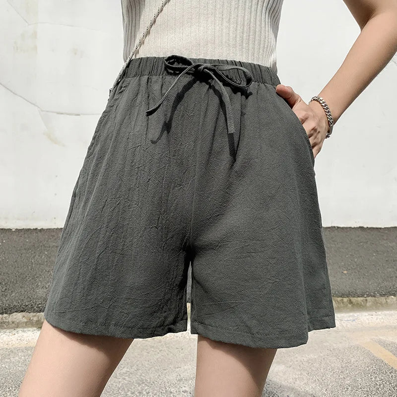 Elegant Cotton Linen Shorts Fashion Women Loose Drawstring High Waist Pocket Summer New Short Pants Casual Office Lady Trousers